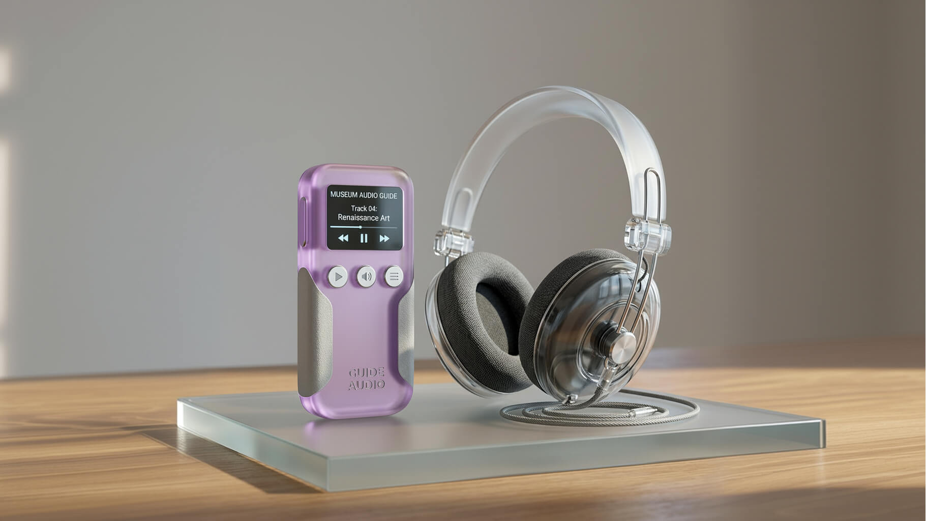 Un dispositivo de audioguía de museo alquilado y unos auriculares, mostrando una pista numerada de Arte del Renacimiento